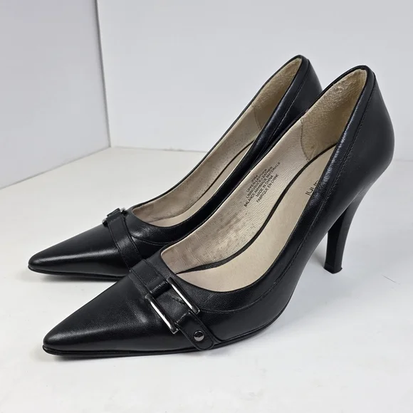 Roberto Vianni Black Leather Buckle Stiletto Heels - Picture 1 of 9